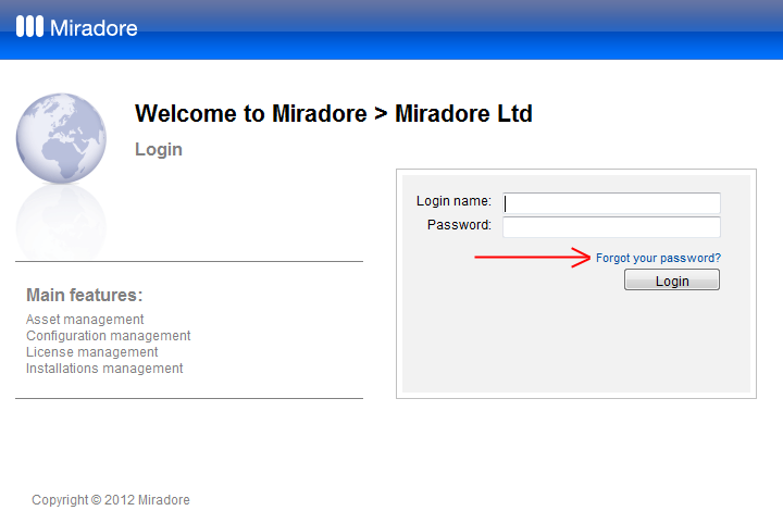 Self service password reset feature at Miradore's login screen